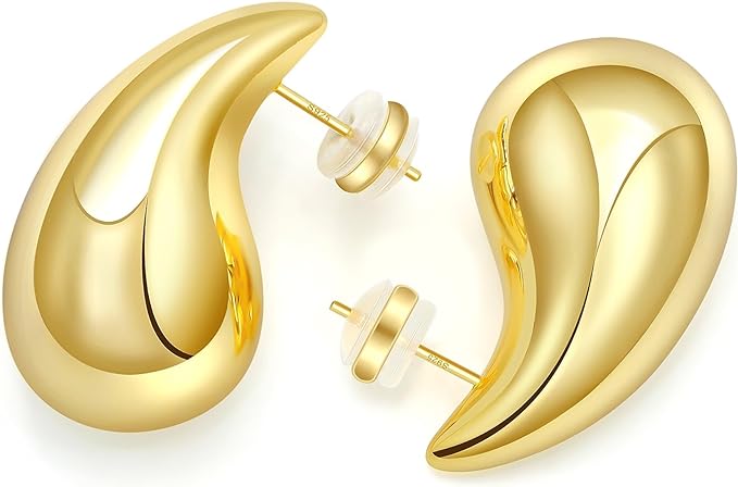 Chunky Gold Hoop Earrings for Women Lightweight Teardrop Dupes Earrings 925 Sterling Silver Post Large Drop Earrings Gold Plated Waterdrop Earrings Trendy Jewelry for Women