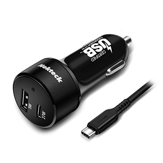 Nekteck USB-IF Certified USB Type C Car Charger with PD Power Delivery 27W & USB-A 5W for Macbook 12-inch/ Pro 2016, Pixel 2/ Pixel XL Galaxy Note 8/ S8/ S8 Plus More (USB-C Cable 3.3Ft Included)