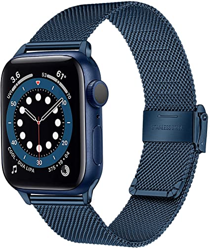 TRUMiRR Blue Band for Apple Watch Series 6 42mm 44mm Men Women, Mesh Woven Stainless Steel Watchband Replacement Strap Bracelet for iWatch Apple Watch SE Series 6 5 4 3 2 1 42mm 44mm