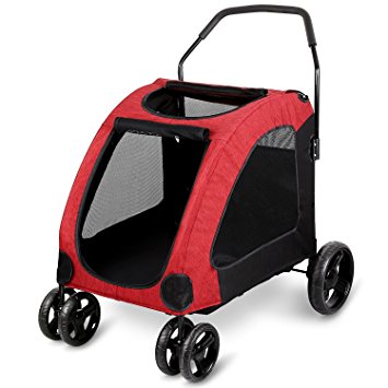 Amzdeal Large Pet Stroller Dog Trolley with Top Window Suitable for 15 – 45Kg – Red