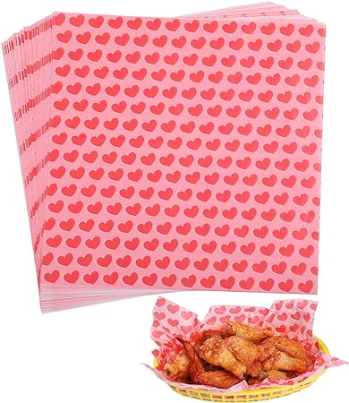 Waxed Deli Paper Sheets 100 Pcs, Happy Valentine's Day Food Basket Liners for Sandwiches Fries 12 * 12 Inch,Wedding Burgers Deli Wrap Wax Paper Sheets Love Hearts Red