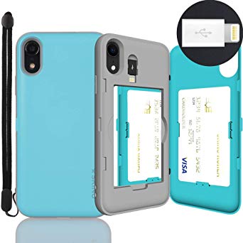 iPhone XR Case, SKINU [Xr Wallet Strap] XR Charger Dual Layer Hidden Credit Holder Card Case with Wrist Strap Inner USB to 8 Pin Adapter and Mirror for iPhone XR (2018) - Teal