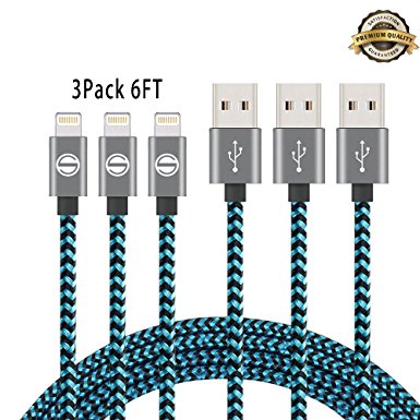 iPhone Cable SGIN,3Pack 6FT Nylon Braided Cord Lightning to USB iPhone Charging Charger for iPhone 7,7 Plus,6S,6 Plus,SE,5S,5,iPad,iPod Nano 7(Green Black)