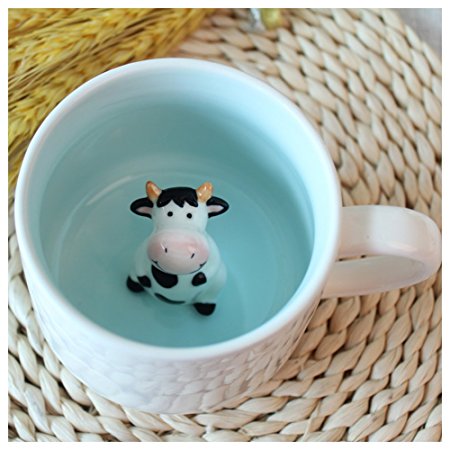 3D Cute Cartoon Miniature Animal Figurine Ceramics Coffee Cup - Baby Cow Inside, Best Office Cup & Birthday Gift (Cow)
