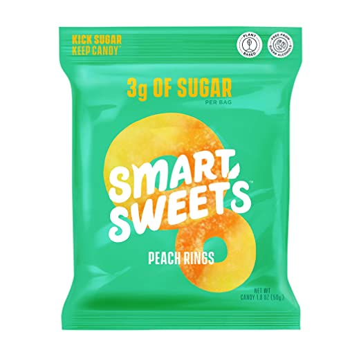 SmartSweets Peach Rings, Candy with Low Sugar (3g), Low Calorie, Plant-Based, Free From Sugar Alcohols, No Artificial Colors or Sweeteners, Pack of 6, New Juicy Recipe