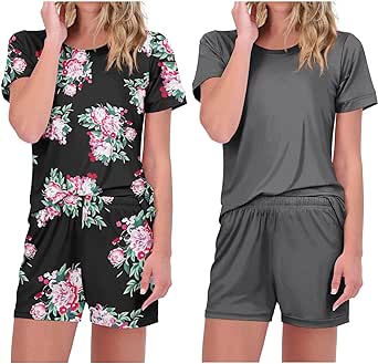 Ekouaer 2 Pack Pajamas Short Sleeve Top with Shorts Sets Comfy Pjs Lounge Sets Sleepwear for Women