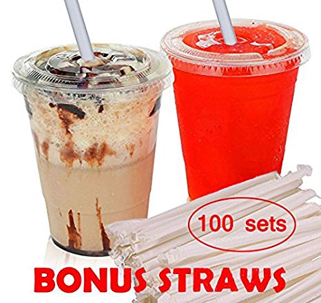 Clear Cups With Lids & Straws 16 oz.100 Sets CLEAR plastic Cups for Iced Coffee Bubble Boba Tea Smoothie,slush,cold drinks - 100 Wide Jumbo Smoothie straws