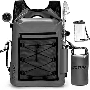 Goture Dry Bag Waterproof Backpack,20L 2L Fishing Tackle Bag with Rod Holder,Padded Shoulder Straps and Air Exhaust Valve,500D PVC Dry Sack Bag with Phone Case for Kayaking,Boating,Fishing,Travel