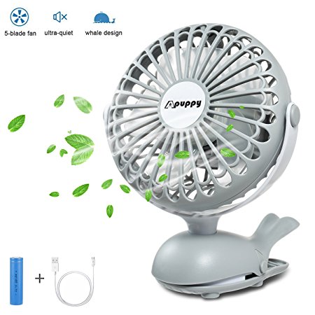 APUPPY Battery Operated Clip Fan, Portable Battery Powered Quiet Desk Fan with 5 Blades Cute Whale Design for Baby Stroller Office Trave (Gray,6inch)