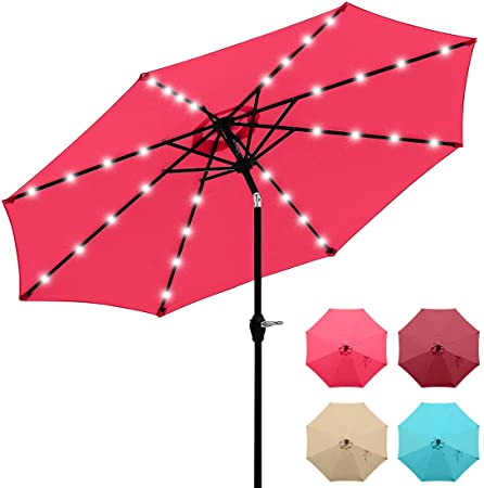Quictent 9Ft Patio Umbrella 32 Solar LED Lighted Outdoor Garden Table Canopy Market Umbrella Pool Backyard with Ventilation 3 Years Non-Fading Top 8 Ribs 240G Yarn-Dyed Fabric (Red)