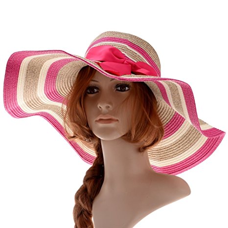 Vbiger Beach Hat Straw Hat Wide Brim Hat Bowknot Mixed-color Stripe Floppy Hats