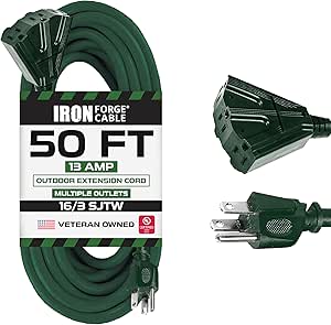 50 Foot Outdoor Extension Cord with 3 Electrical Power Outlets - 16/3 SJTW Durable Green Extension Cable with 3 Prong Grounded Plug for Safety