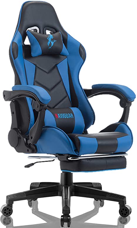 Gaming Chair Gamer Chaise with Footrest Ergonomic Video Game Racing Chair Adjustable Height and Tilt Lock with Headrest and Lumbar Support (Black/Light Blue)