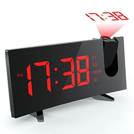 Projection Alarm Clock, [Curved-Screen] Pictek Projection Clock, Digital FM Clock Radio with Dual Alarms, 5" LED Display, USB Charging, Battery Backup, Red