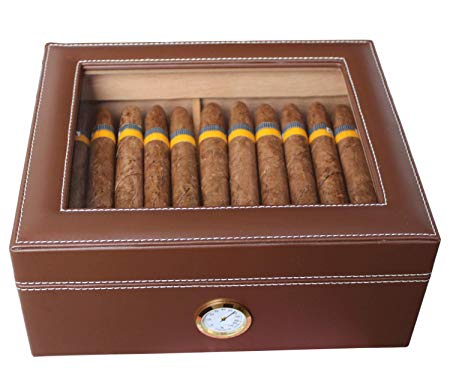 AMANCY Quality Brown Leather Handmade 25-50 Cigar Humidor ,Desktop Cedar Wood Lined Cigar Storage box with Glasstop