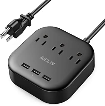 Power Bar with USB, Aicliv Desktop Power Strip with 3 Outlets and 3 USB Ports, Overload Protection, 5 ft Extension Cord Charging Station for Travel, Dorm Room, Home and Office, 1625W/13A - Black