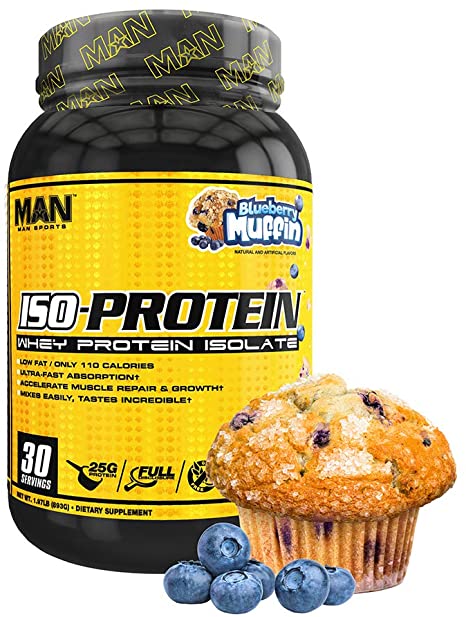 Man Sports Iso Protein. Blueberry Muffin Flavored Gluten Free Whey Protein Powder for Muscle Growth and Repair (30 Servings)