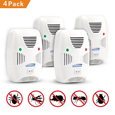 GEEKERS Ultrasonic Pest Repeller Plug in - Insects Repellent - Rodents Repeller - Repels Spiders, Mice, Bugs, CockRoaches, Mosquitoes, Flies, Rodents, Insects - Humans & Pets Safe [4-Pack]