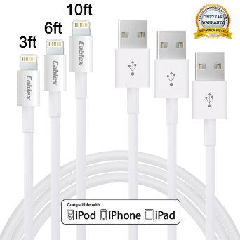 Cablex 3Pack 3FT 6FT 10FT 8 Pin lightning to USB Cable Sync and Charging Cable Cord for iPhone 6/6s/6 plus/6s plus, 5c/5s/5/SE, iPad Air/Mini, iPod Nano/Touch iOS9 (White)