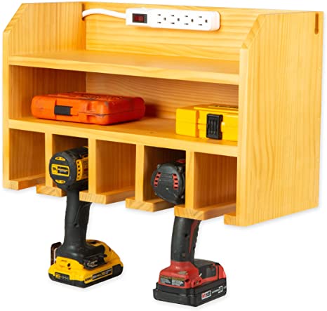 Power Tool Organizer for Garage - Fully Assembled Wood Tool Chest and Drill Charging Station - Power Strip Included - Great Workshop Organization and Storage Gift for Men