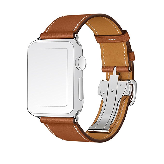 SUNKONG Watch Strap, Genuine Leather Band Single Tour Deployment Buckle Bracelet Leather Watchband Strap for 42mm Apple Watch Series 2 Series 1, Brown