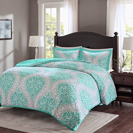 Comfort Spaces – Coco Duvet Cover Mini Set - 2 Piece – Teal and Grey – Printed Damask Pattern With Corner Ties – Twin/Twin XL size, includes 1 Duvet Cover, 1 Sham