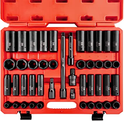 Neiko 02330A 1/2” Drive Metric Impact Socket Set, 45 Piece Deep and Shallow Assortment | Metric Sizes 9 - 32MM | Top Grade Chrome Vanadium Steel | Includes Extension Bars, Universal Joint and Adapter