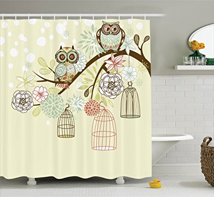 Ambesonne Owls Home Decor Collection, Owl Winter Floral Background Blossoms Owls Out of Their Cages Bird Cage Freedom Image, Polyester Fabric Bathroom Shower Curtain Set with Hooks, Olive Blue Pink