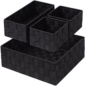 Woven Storage Box Cube Basket Bin Container Tote Organizer Divider for Drawer,Closet,Shelf, Dresser,set of 4 (Black)