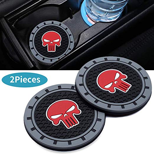Kaolele 3Inc Tough Car Logo Vehicle Travel Auto Cup Holder Insert Coaster Can for BMW Jeep Honda Toyota Audi Ford with Skull Logo Mat for All Brands of Cars