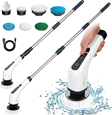 Electric Spin Scrubber, FARI Cordless Cleaning Brush with 7 Replaceable Brush Heads, Tub and Floor Tile 360 Power Scrubber Mop with Adjustable Handle for Bathroom Kitchen Car (White)