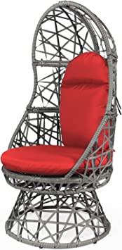 LAZZO Patio Egg Chair, 360 Degree Swivel Patio Chair, Indoor & Outdoor Rattan Egg Chair with Seat Cushion & Pillow for Patio Porch Lounge Bedroom (Red)