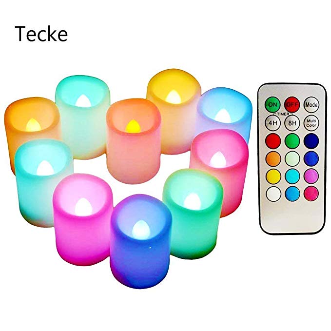 Multi Color Changing Votive Flameless Candles with Remote and Timer - 100  Hours Long Battery Operated Led Tea Light Candles，10 Pcs Colored Flickering Candles for Halloween Gift and Wedding Décor.