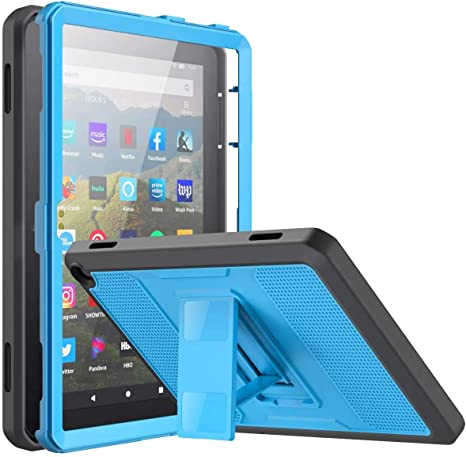 MoKo Case Fits All-New Kindle Fire HD 8/Fire HD 8 Plus Tablet(10th Generation, 2020 Release), Dual-Layer Shell Full Body Rugged TPU   PC Stand Back Cover Built-in Screen Protector, Blue & Dark Gray