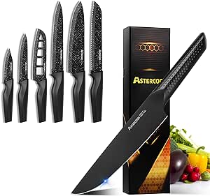 Astercook 6 Piece Kitchen Knife Set and 8 Inch Chef Knife, German High Carbon Stainless Steel Dishwasher Safe