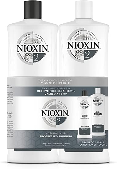 NIOXIN System 2 Duo Pack, Cleanser Shampoo   Scalp Therapy Revitalising Conditioner (1L   1L), For Natural Hair with Progressed Thinning