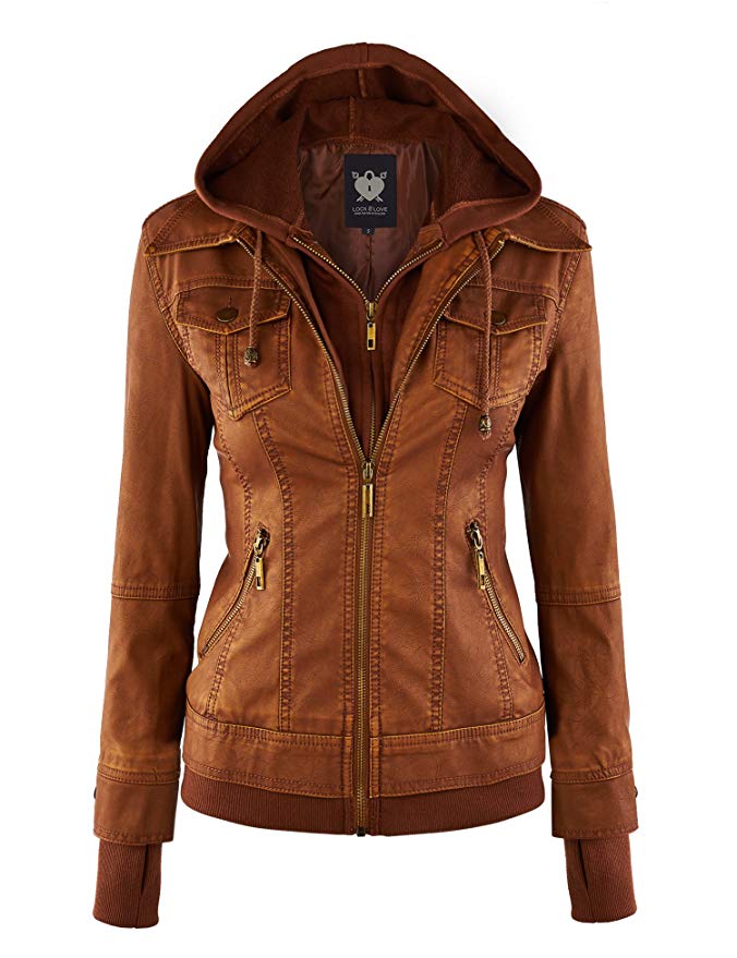 Lock and Love LL Womens Hooded Faux leather Jacket