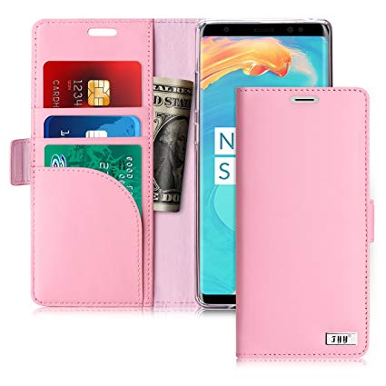 FYY [Genuine Leather] Wallet Case for Samsung Galaxy Note 8 2017, Handmade Flip Folio Wallet Case with Kickstand Card Slots Magnetic Closure for Samsung Galaxy Note 8 2017 Pink