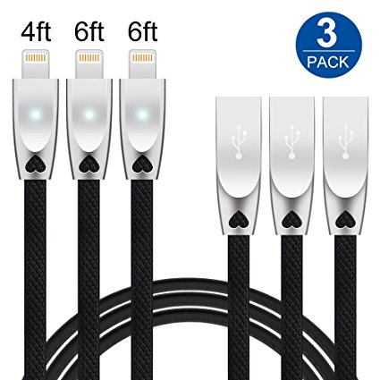IVVO Lightning Cable 3Pack 4FT 6FTx2 Fast Charging Cord Lightning to USB Cable Charger with LED Light for iPhone X/8/8Plus/7/7 Plus/6/6 Plus/6s/6s Plus/5/5S/5C/SE/iPad, iPod and More
