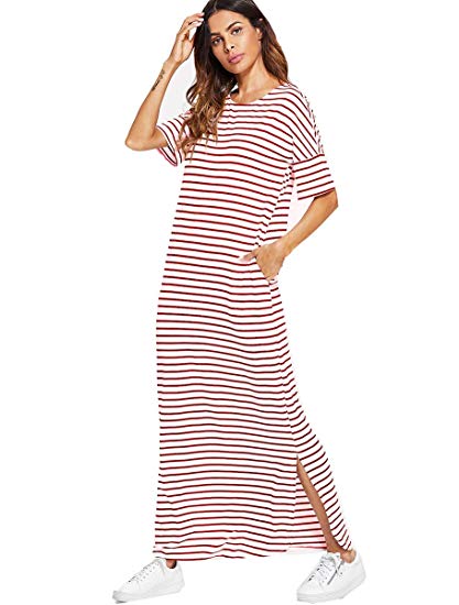 Romwe Women's Casual Short Sleeve Striped Pocket Loose Long Maxi Dress