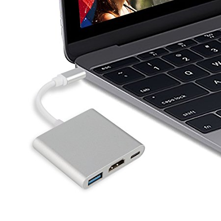 Type-C to HDMI/ USB 3-in-1 Type-C 4K Multiport Adapter, USB-C HDMI Digital AV Adapter Charging and Connecting Converter for MacBook, Chromebook Pixel Devices to HDTV/Projector