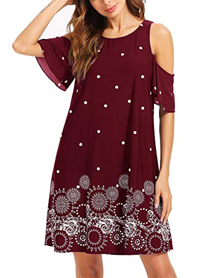 Romwe Women's Short Sleeve Cold Shoulder Floral Print Casual Loose Tunic Dress