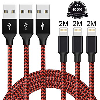 AOFU Lightning Charger Cable,3Pack 6FT/2M Nylon Braided Charger Cable Charging for iPhone X/ 8/8 Plus/ 7/7 Plus/ 6 Plus/ 6s/ 6/ 5s/ 5,iPad Mini/Air,iPod-Black Red