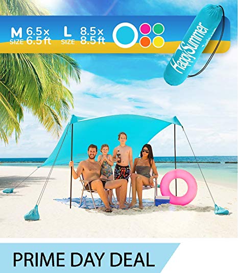 Sunshade Beach Tent – Sun Shelter Pop-Up & Wind Protection – Portable, UPF50  UV Protection Lycra Canopy with Anchors, Stakes, Poles, Carry Case for Camping & Outdoor Family Activities by HappySummer