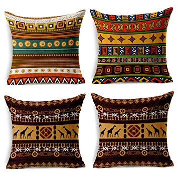 VOGOL 4-Pack Cotton Linen Sofa Home Decor Design Throw Pillow Case Cushion Covers Square 18 Inch(Set of 4 Ethnic African Style Series)