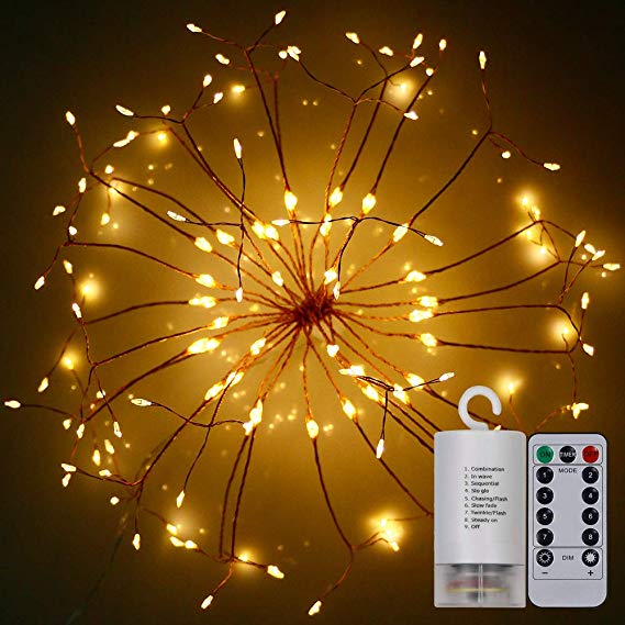 Ledes Battery Operated LED String Fairy Twinkle Lights with Remote Timer, Waterproof Dimmable 198 LED Starburst Copper Wire Light for Party Christmas Tree Patio Indoor Outdoor Decorations Warm White
