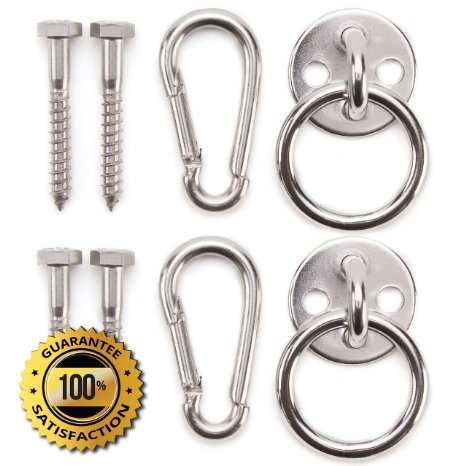 Premium Hammock Hooks by Amerigo - Best Hanging Kit for inside relaxation - Heavy Duty - Set of Round Pad Eyes, Spring Snap Hooks and Lag Screws made from Stainless Steel for your Perfect Experience!