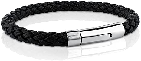 MERIT OCEAN Black Genuine Leather Bracelet Rope for Men Wrist Band Stainless Steel Automatic Button Clasp 8.6 Inch
