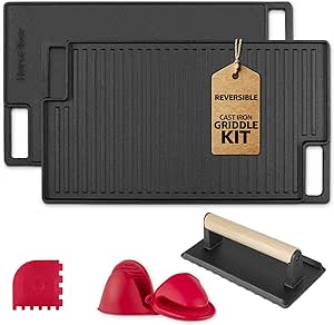 Cast Iron Reversible Grill/Griddle Set with Press, Scraper & Mitts - Pre-Seasoned, Non-Stick - 16.75" x 9.5" - Gas Stove, Grill, Camping, Outdoors