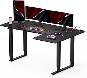 SANODESK Bureau Assis Debout - Bureau Gaming en Forme de L Réglable en Hauteur, 2 Moteur Electrique Double avec 4 Pieds, 4 Emplacements de Mémoire (Noir, 180x110cm)